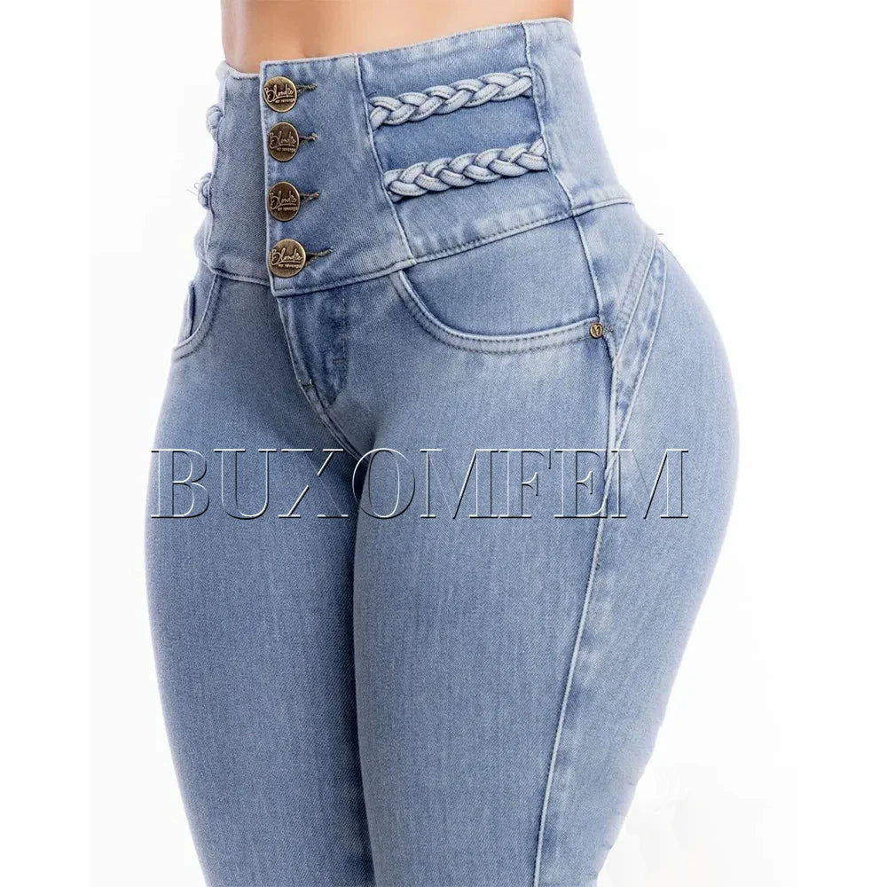 Fashion High Waist Sexy Skinny Stretch Jeans for Women Button Fly Straight Leg Pencil Pants Wrap Hips Trousers Y2K Streetwear