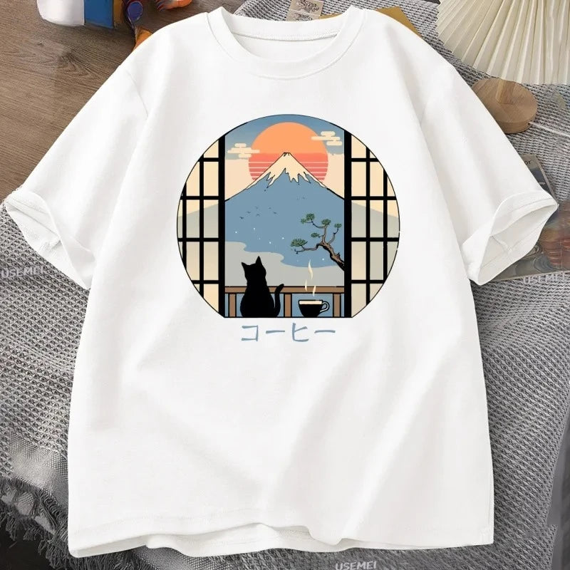 Fuji Mountain Cat Cafe T-shirt Women's Round Neck Short Sleeve T-shirt Japanese Style Printed T-shirt Loose Top Graphic T Shirts
