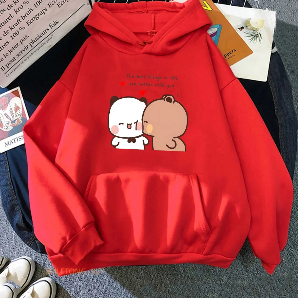 Panda Bear Bubu Dudu Love Heart Kangaroo Pocket Sweatshirts Women Clothing Casual Printing Pullovers Winter Aesthetic Clothes