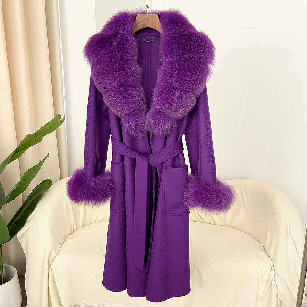 Fashion Women Winter Handmade Double Side 100% Woolen Red Color Real Fox Fur Collar Long Warm Female Wool Coat