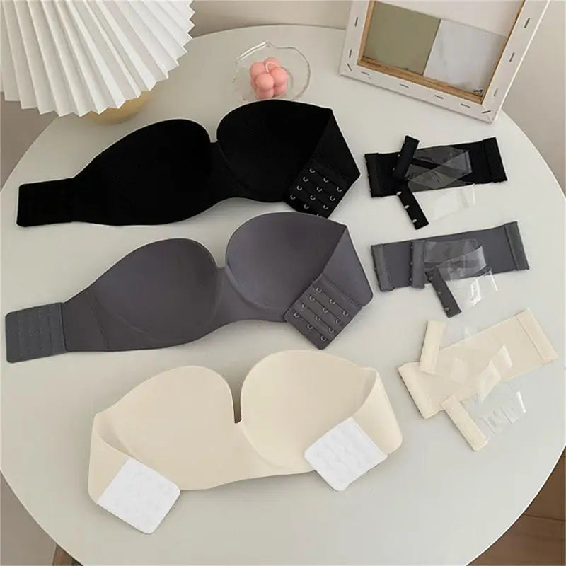 Women Sexy Strapless Anti-Slip Bra Solid Color Invisible Push-Up Comfortable Bra Adjustable Elastic Strapless Bra Underwear
