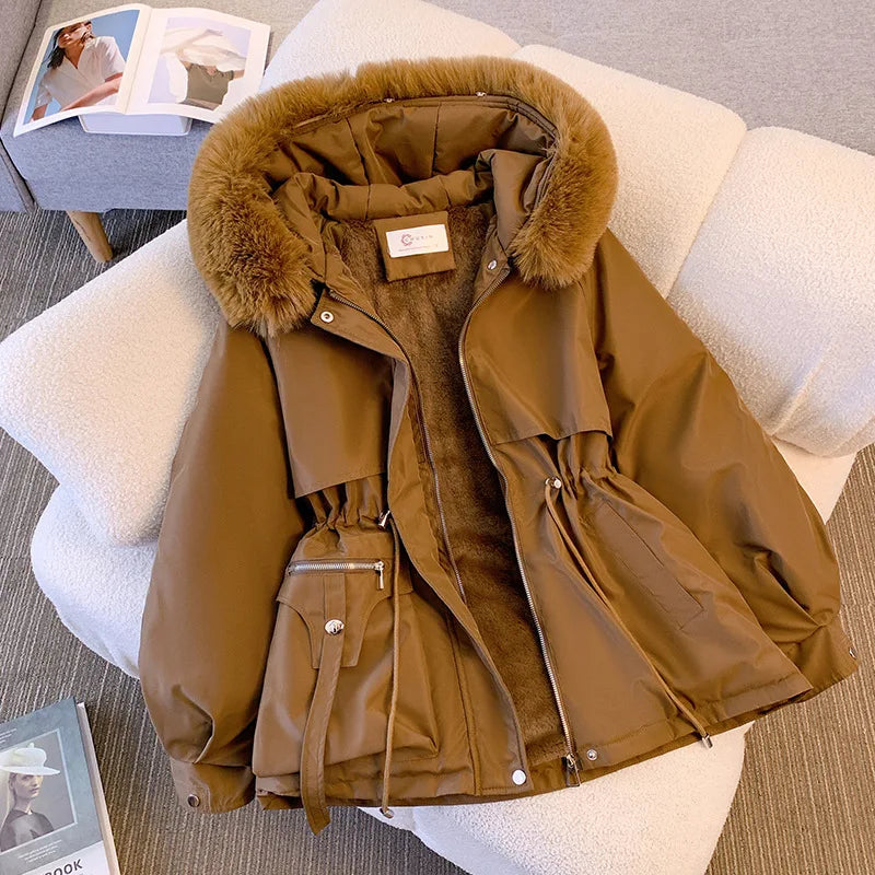 Autumn Winter Fleece Zipper Jackets Fashion Women Lined Hood Down Warm Padded Parkas Casual Office Lady Commute Puffer Coats
