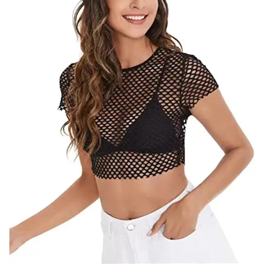 Womens T-Shirt Women\\\'s Short Sleeve See Though Mesh Fish Net Crop Top T Shirt Blouse Multiple Colors S XL Size Chart
