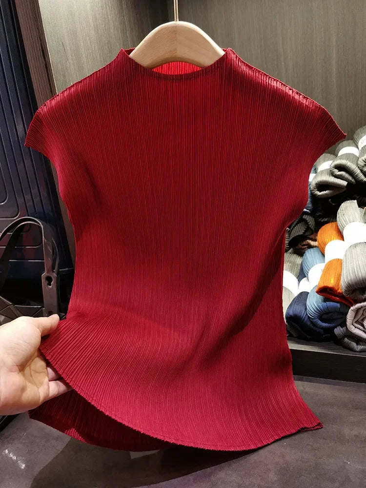 Miyake Versatile Classic Simple Solid Color Stand Up Collar Pleated Top Women Slim Slim Short Sleeve Miyake T-shirt Summer 2024