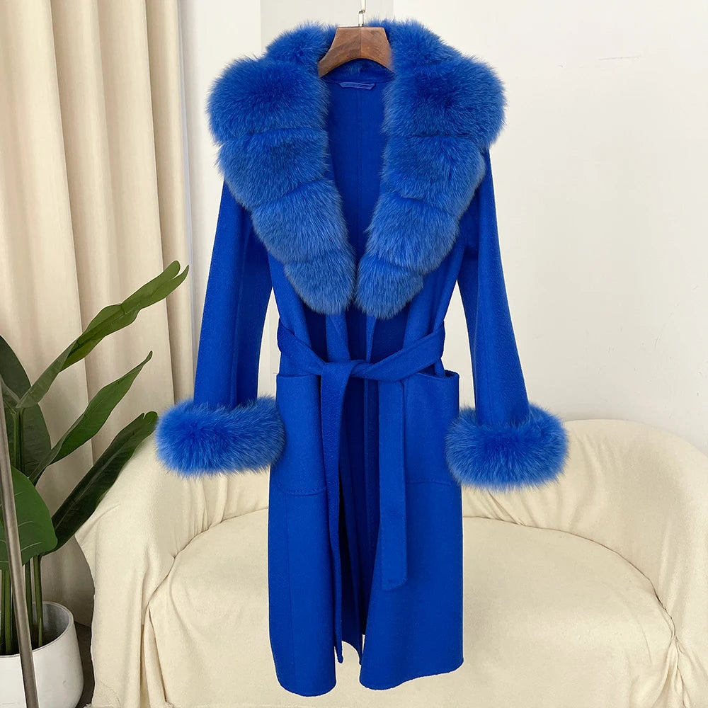Fashion Women Winter Handmade Double Side 100% Woolen Red Color Real Fox Fur Collar Long Warm Female Wool Coat