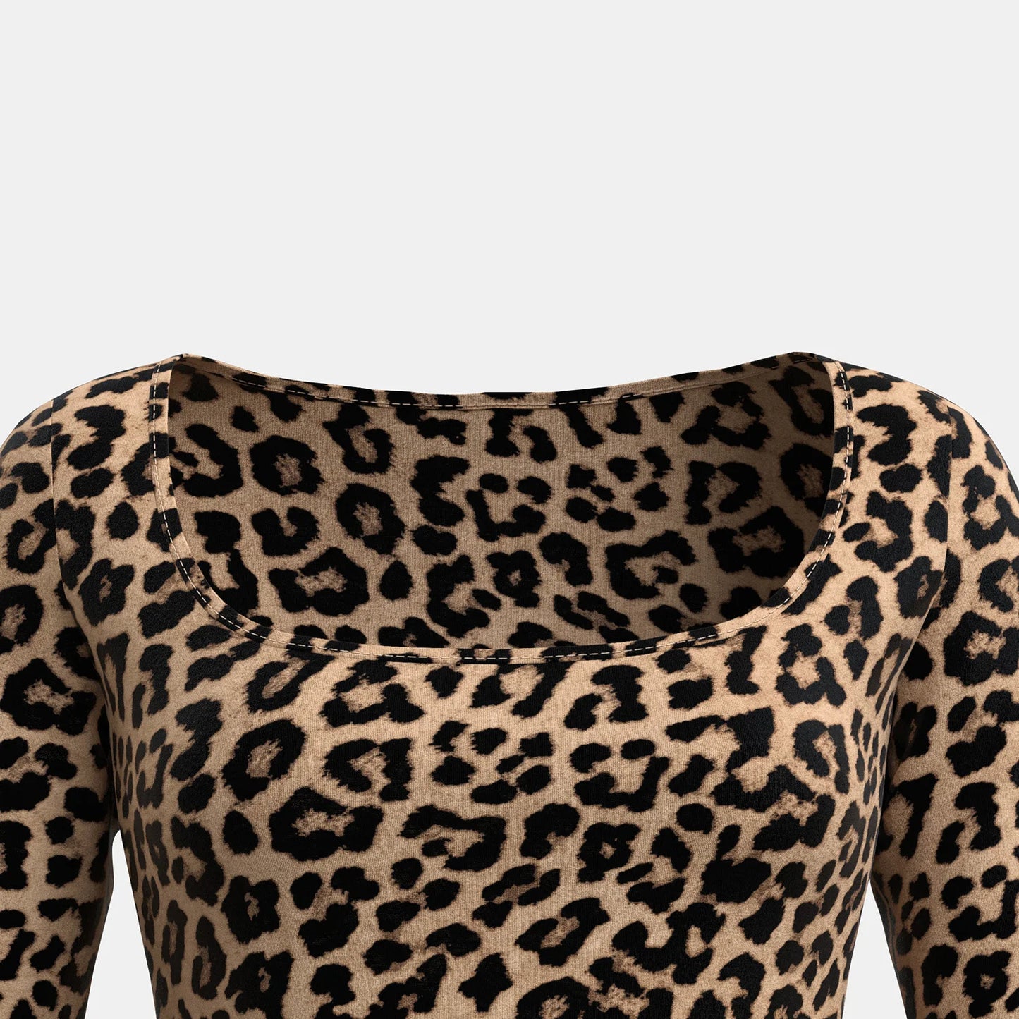 Mia Muse Women'S T-Shirts Autumn Fitting Slim Leopard Long Sleeve Square Neck Regular Sexy Chic T-Shirts