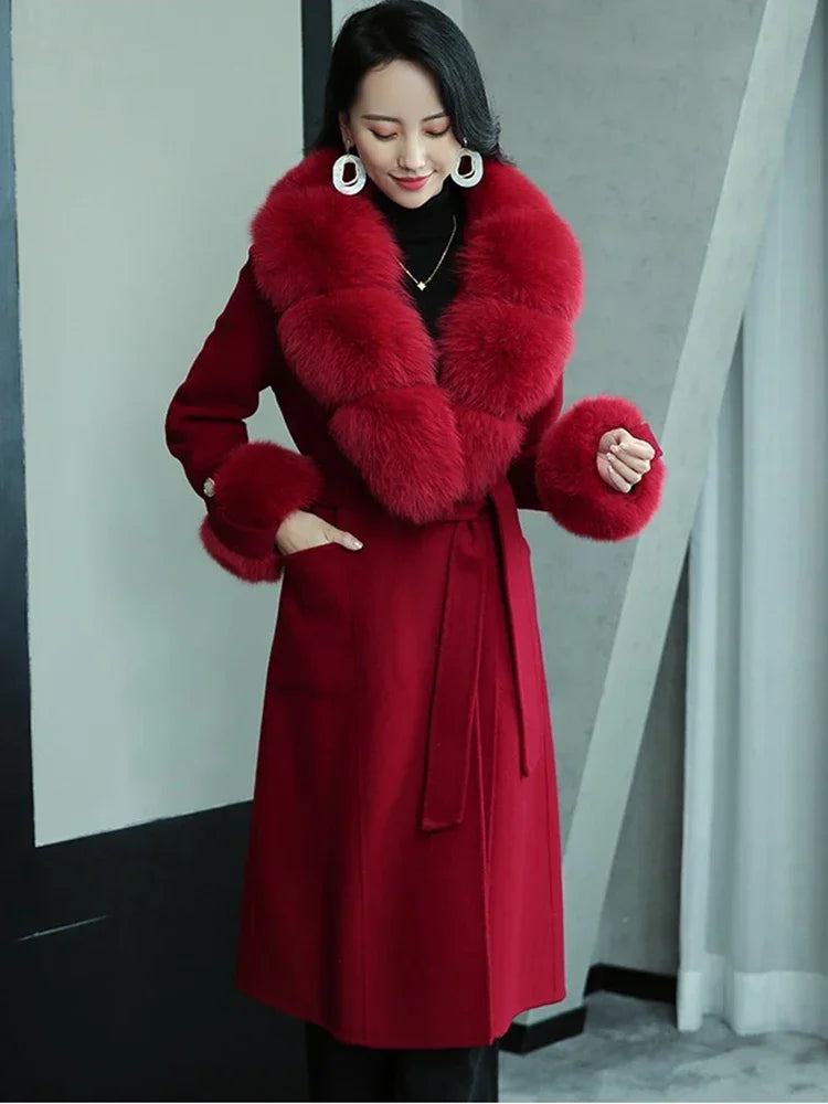 Fashion Women Winter Handmade Double Side 100% Woolen Red Color Real Fox Fur Collar Long Warm Female Wool Coat