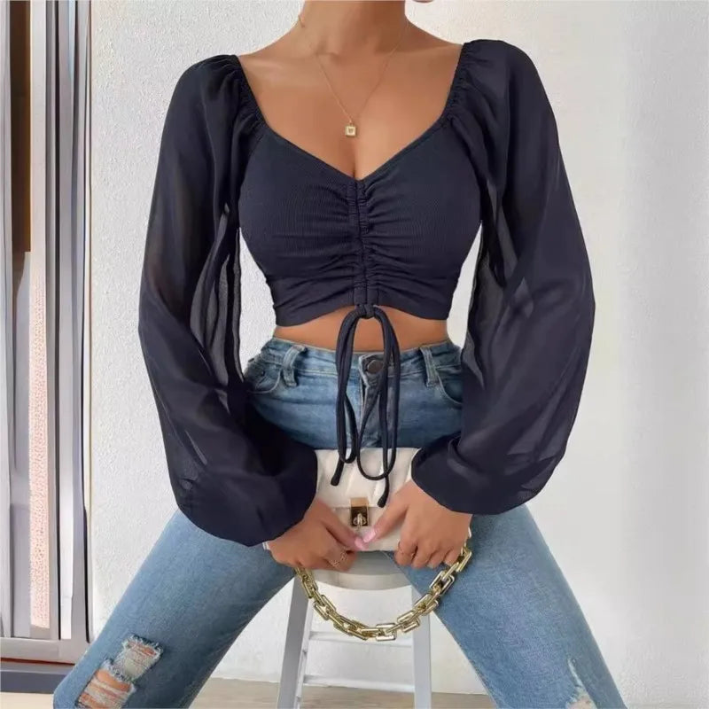Women's Polo Shirt Brand Lantern Sleeve Polo Shirts For Women Drawstring Women's Casual Shirt Sexy Pulovers Womens Tops Blouses