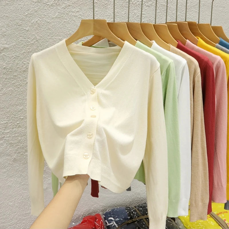 AOSSVIAO Korean Style V-neck Knitted Cardigan 2025 Autumn New Black Sweater Solid Color Long Sleeved Casual Tops
