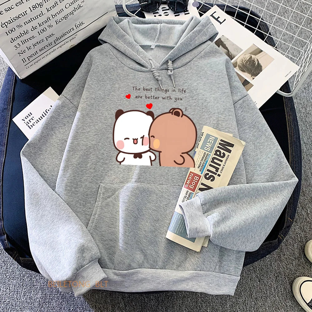 Panda Bear Bubu Dudu Love Heart Kangaroo Pocket Sweatshirts Women Clothing Casual Printing Pullovers Winter Aesthetic Clothes