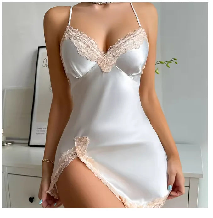 Sexy Backless Mini Female Nightgown Lingerie Summer Chemise Sleepwear Suspender Nightdress White Satin Lace Home Wear Loungewear