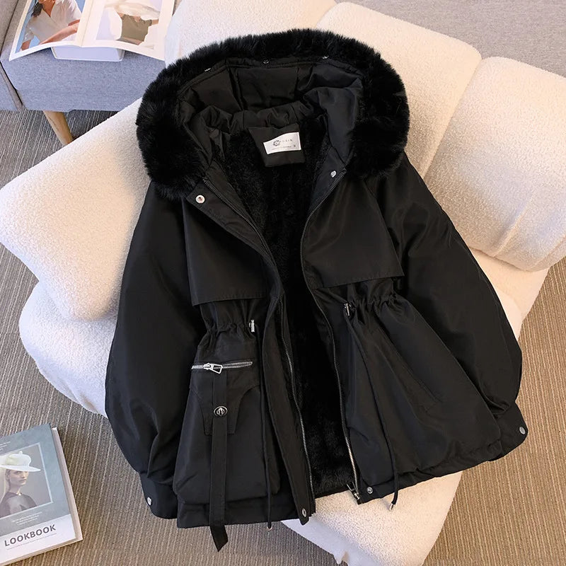 Autumn Winter Fleece Zipper Jackets Fashion Women Lined Hood Down Warm Padded Parkas Casual Office Lady Commute Puffer Coats