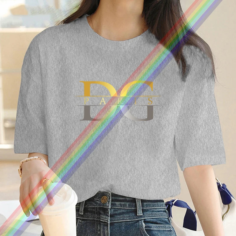 Luxury Brand Gold and Silver Gradient letter D Print Crew Neck Clothing Short Sleeve T-Shirt Trend Women's Summer Y2K Top
