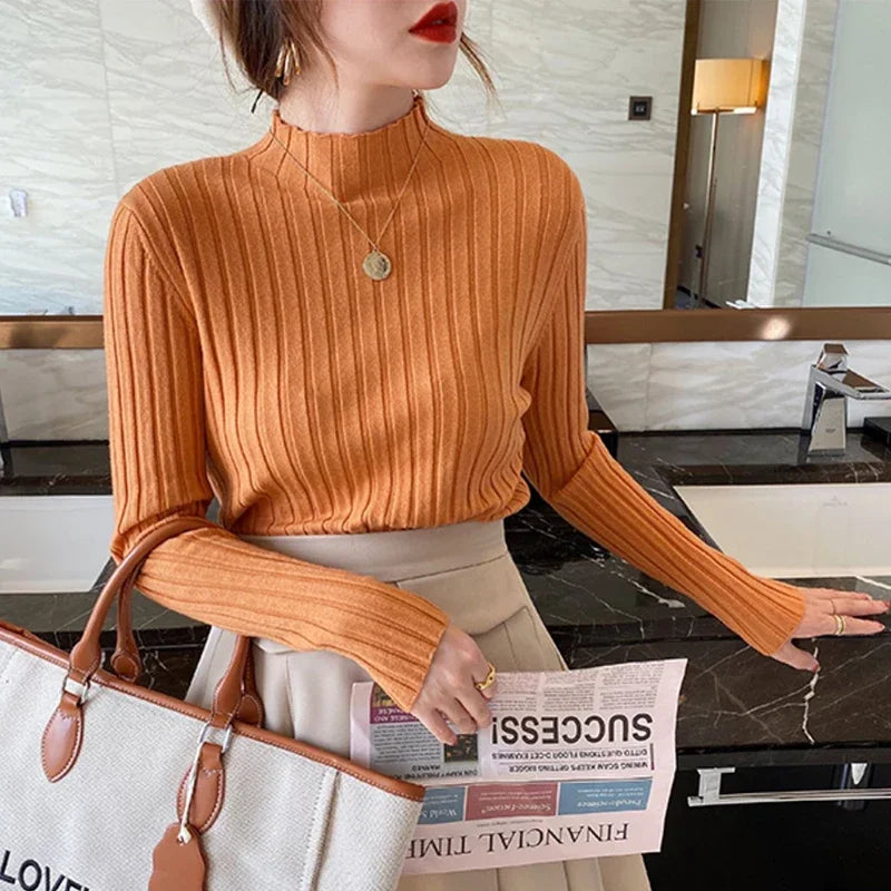 2025 Women Pullover Knitted Sweater Autumn Winter Pullovers Turtleneck Long Sleeve Slim Basic Solid Female Sweaters Tops
