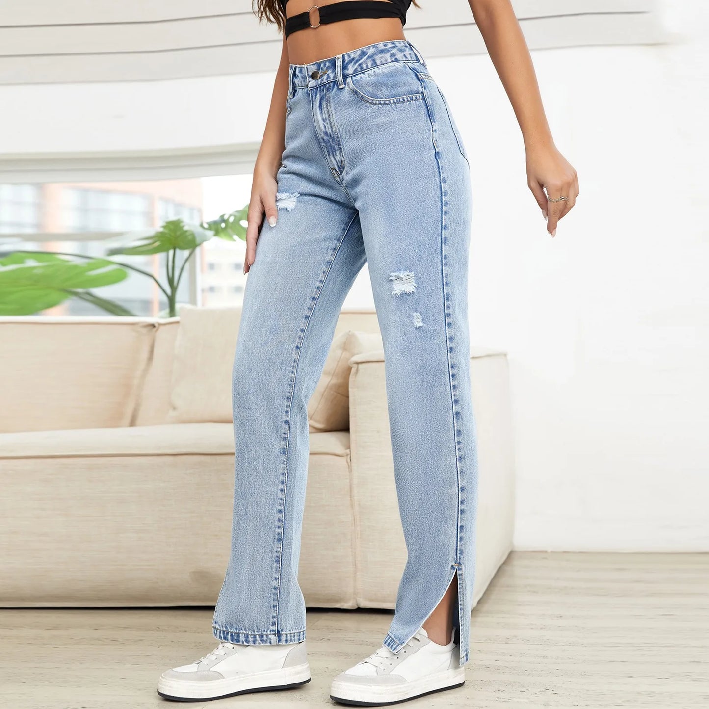 2025 Women's High Waist Fashion Stretch Straight Leg Jeans High Waist Slim Fit Denim Pants Comfortable Wide Leg Denim Pants