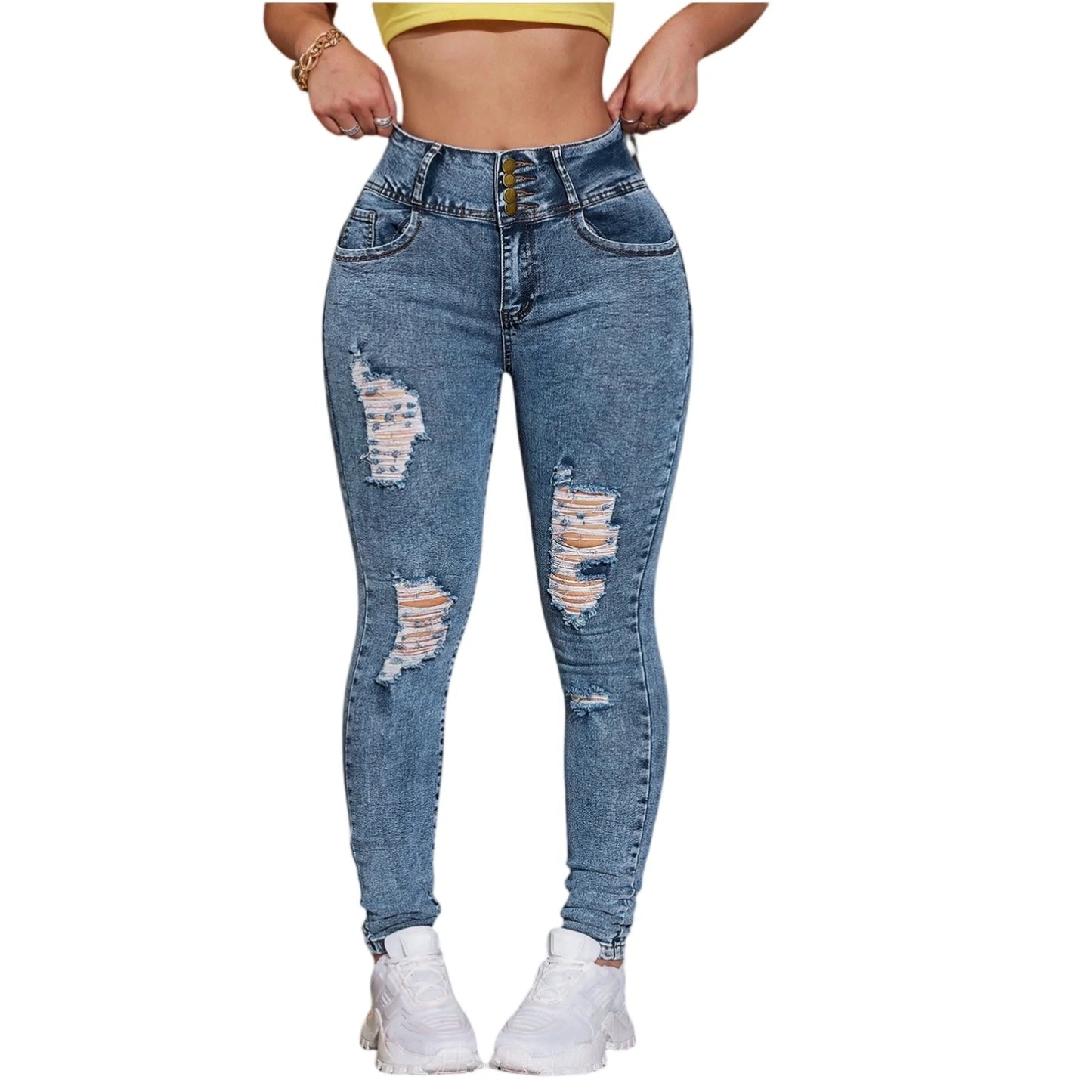 Women Jeans High Waist Stretch Jeans Skinny Casual Office Lady Slim Lifting Butt Denim Trend Ripped Tight Fitting Leg Jeans