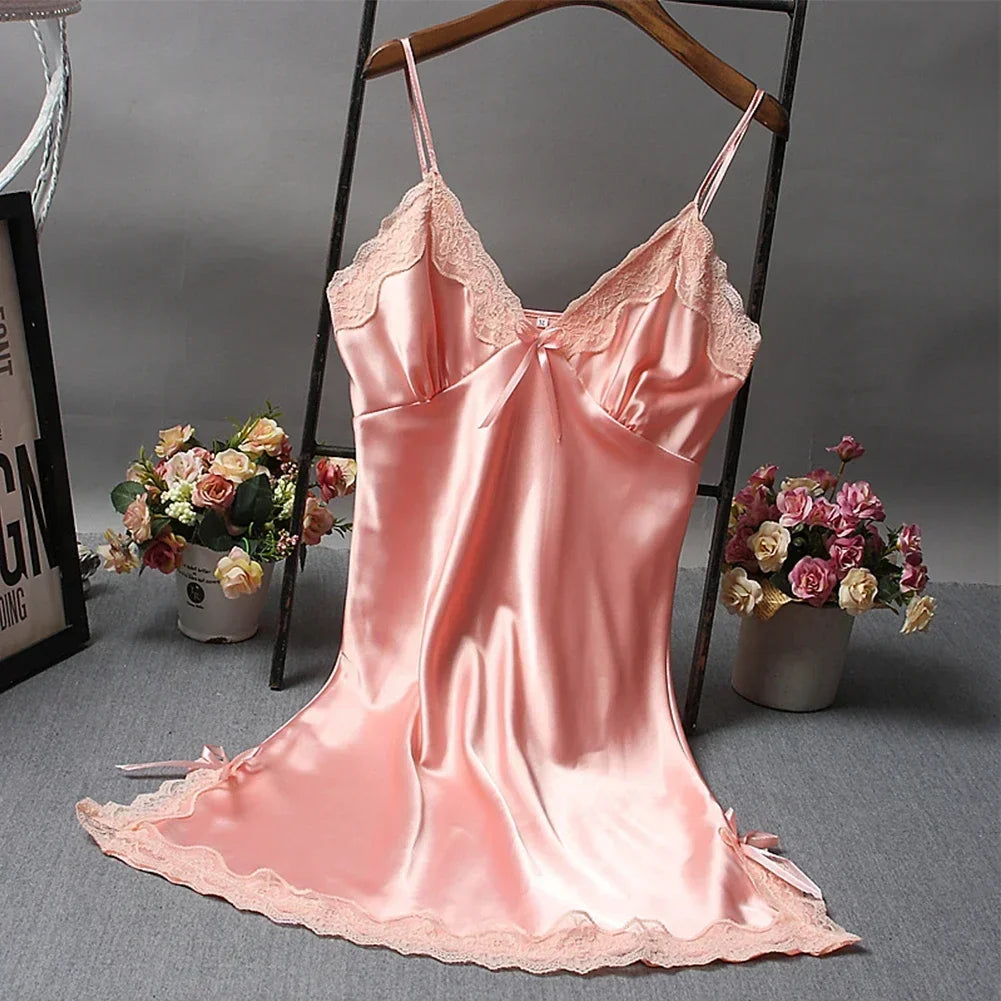 Women Ladies Sexy Nightdress Lace Satin Soft Silky Glossy Lingerie Dress Sleepwear Breathable Sling Sleepshirts Summer V-Neck