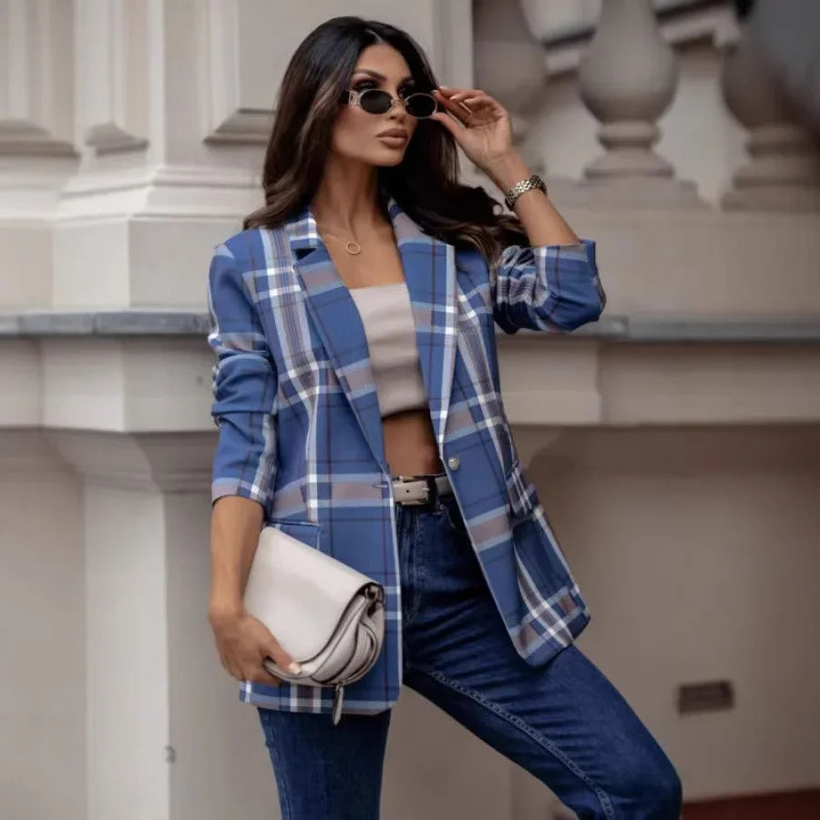 Fashionable Plaid Long Sleeve Single Button Autumn Winter Outerwear Women's Suit Jacket Polyester Fiber No Collar Origin China