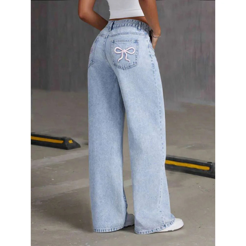 Denim Wide Leg Pants Women Jeans Embroidery High Waist Distressed Washed Pockets Vintage Floor Length Trousers 2025 Streetwear
