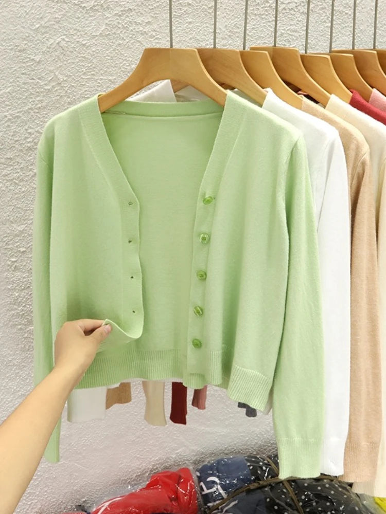 AOSSVIAO Korean Style V-neck Knitted Cardigan 2025 Autumn New Black Sweater Solid Color Long Sleeved Casual Tops