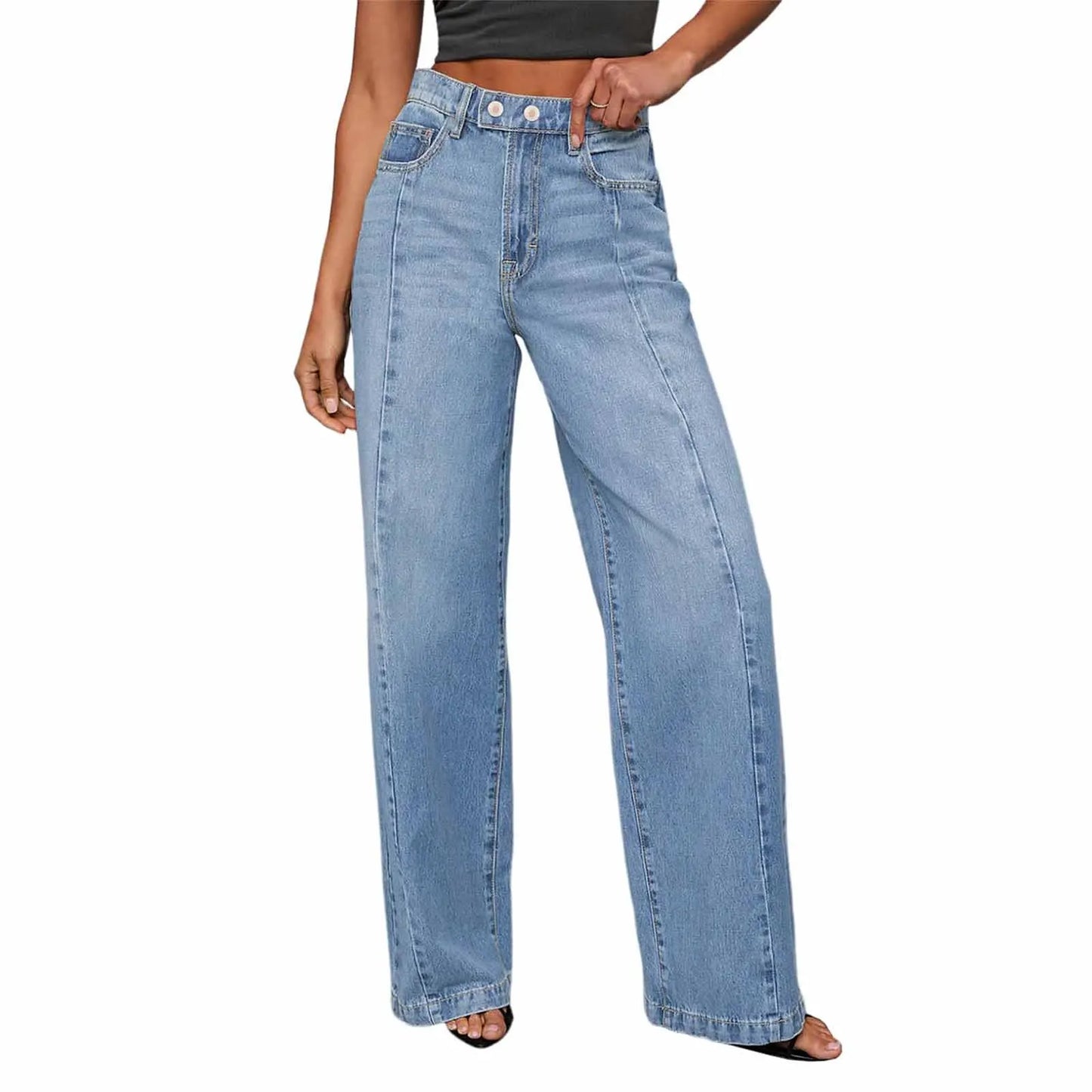 Women's Straight Wide Leg Jeans Trendy Fashion Mid Waist Two-Button Denim Pants Autumn Daily Casual Comfy All-Match Denim Pants