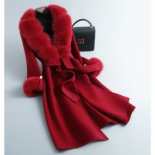 Fashion Women Winter Handmade Double Side 100% Woolen Red Color Real Fox Fur Collar Long Warm Female Wool Coat