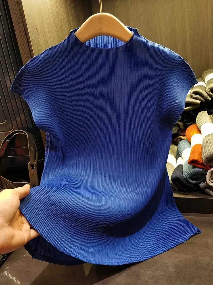 Miyake Versatile Classic Simple Solid Color Stand Up Collar Pleated Top Women Slim Slim Short Sleeve Miyake T-shirt Summer 2024