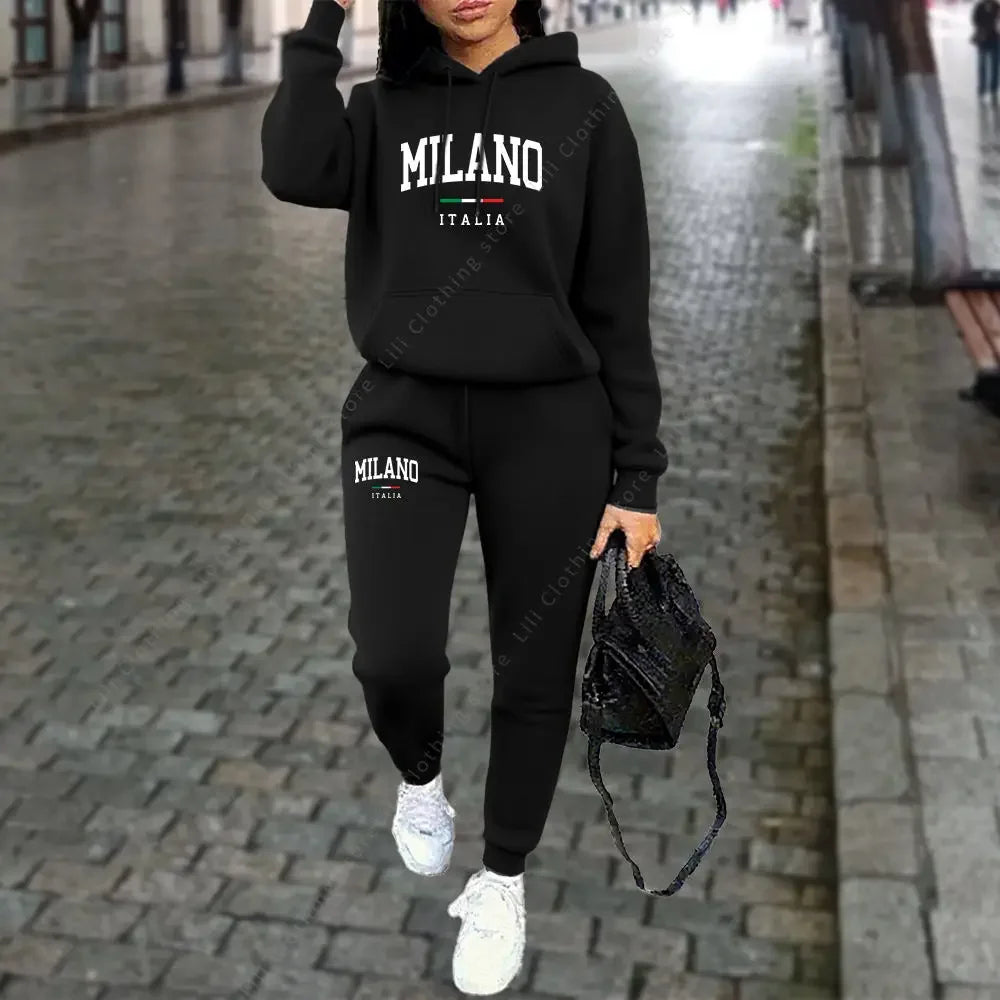 2025 Women's Printed Hoodie Set, Letter Pattern Hoodie and Sports Pants, Autumn Winter Two-piece Sportswear, Street Suit Set