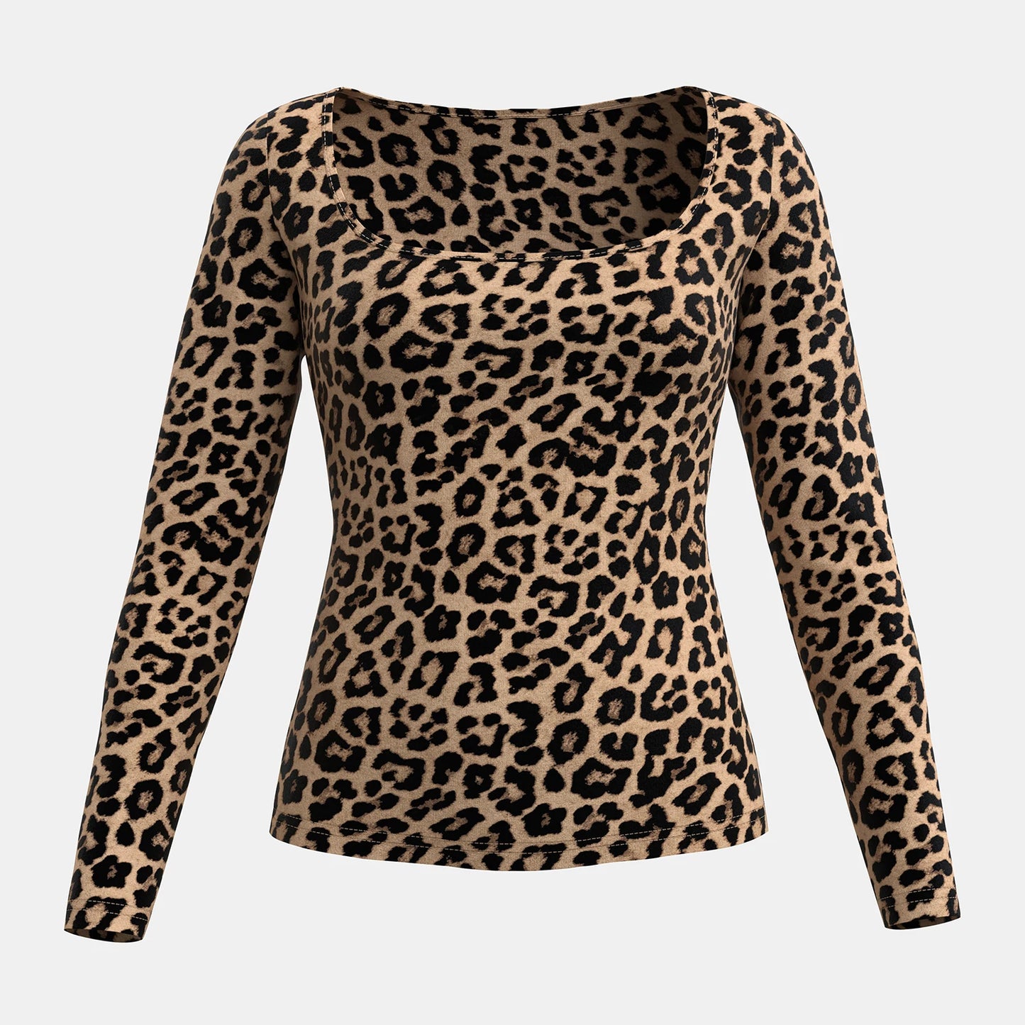 Mia Muse Women'S T-Shirts Autumn Fitting Slim Leopard Long Sleeve Square Neck Regular Sexy Chic T-Shirts