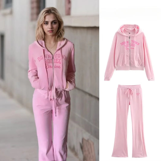 Pink Velvet Hoodie Set Women 2025 Spring Slim Fit Tracksuit Casual Sporty Two Piece Outfit Lounge Wear
