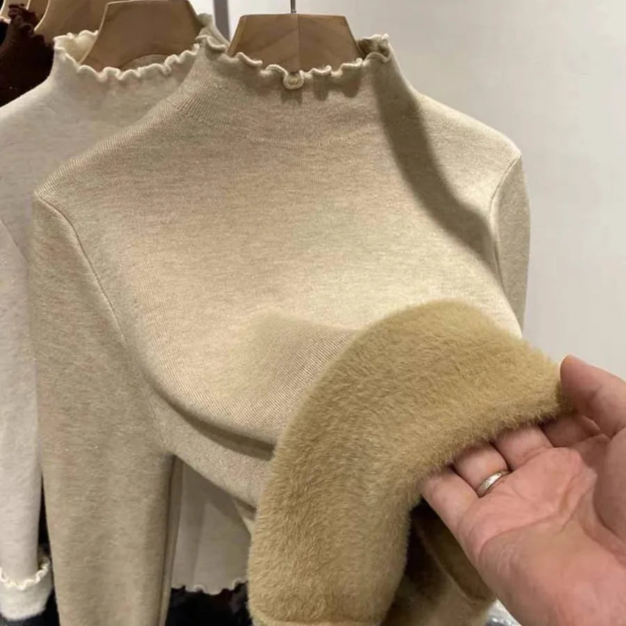 New Fleece Lined Thick Turtleneck Sweaters Women's Autumn Winter Slim Warm Ruched Knitted Tops Solid Color Casual Soft Pullover