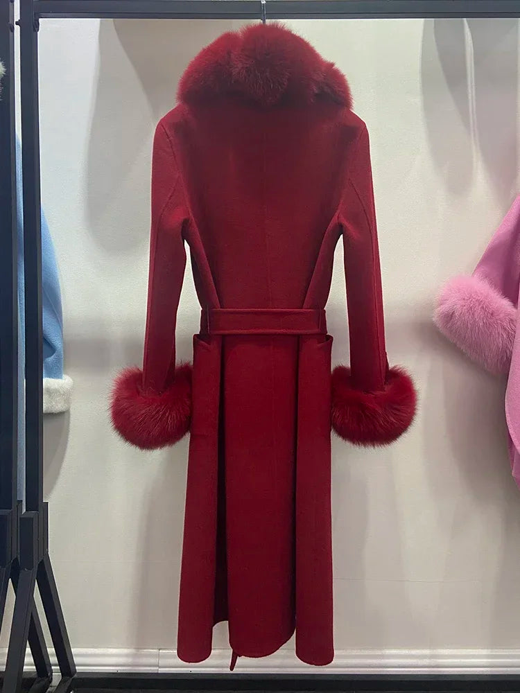 Fashion Women Winter Handmade Double Side 100% Woolen Red Color Real Fox Fur Collar Long Warm Female Wool Coat