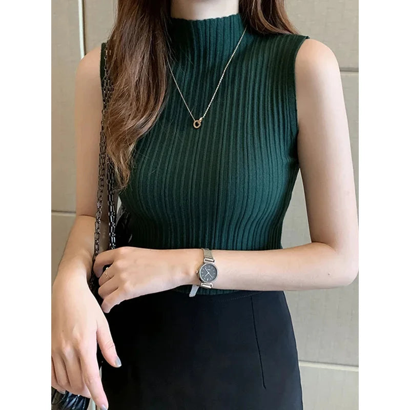2024 Summer Turtleneck Ribbed Tank Tops Women Camisole Sleeveless Slim Female Stripe Croped Vest Casual Solid Camis Top