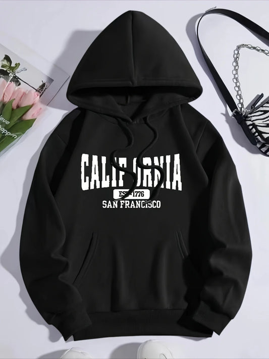 Women's casual hoodie sweatshirt with California letter print round neck long sleeved, autumn and winter regular edition