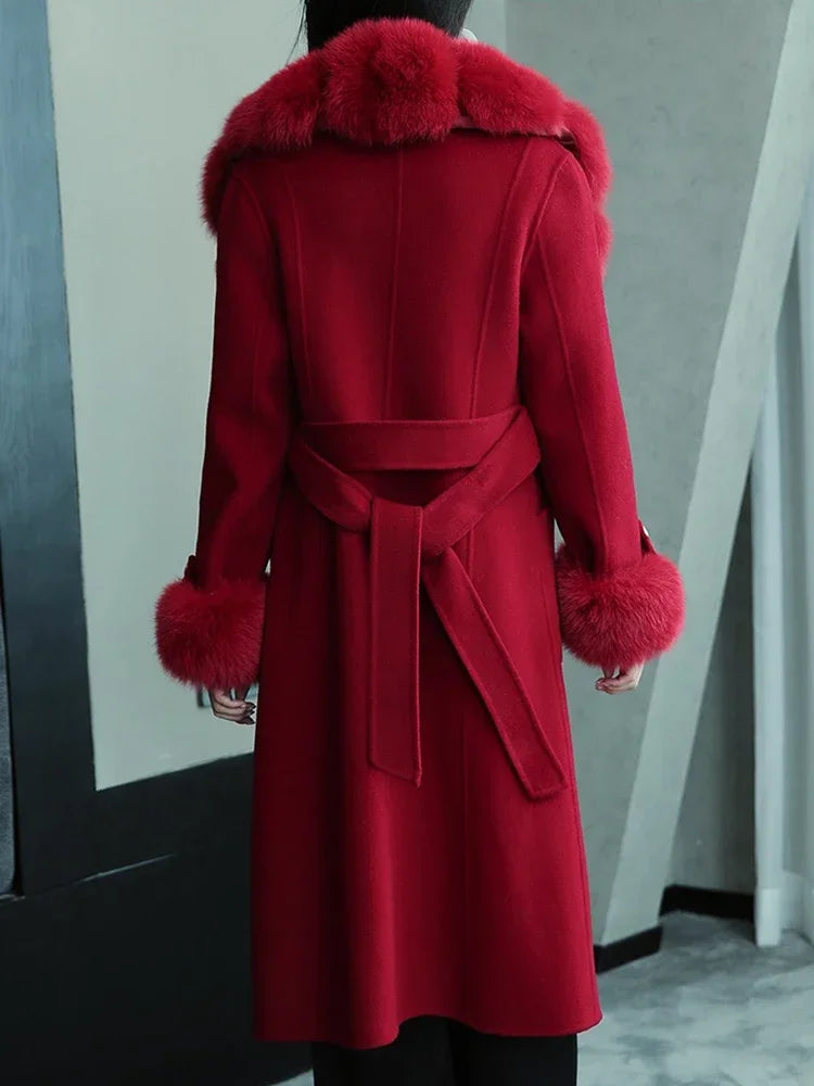 Fashion Women Winter Handmade Double Side 100% Woolen Red Color Real Fox Fur Collar Long Warm Female Wool Coat