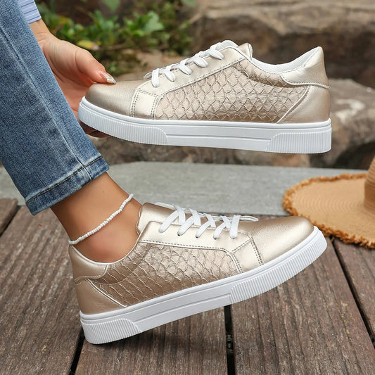Plus Size 42 Women Gold Sneakers Spring Autumn New Women Fashion Lace-up Soft PU Leather Board Shoes Ladies Casual Shoes