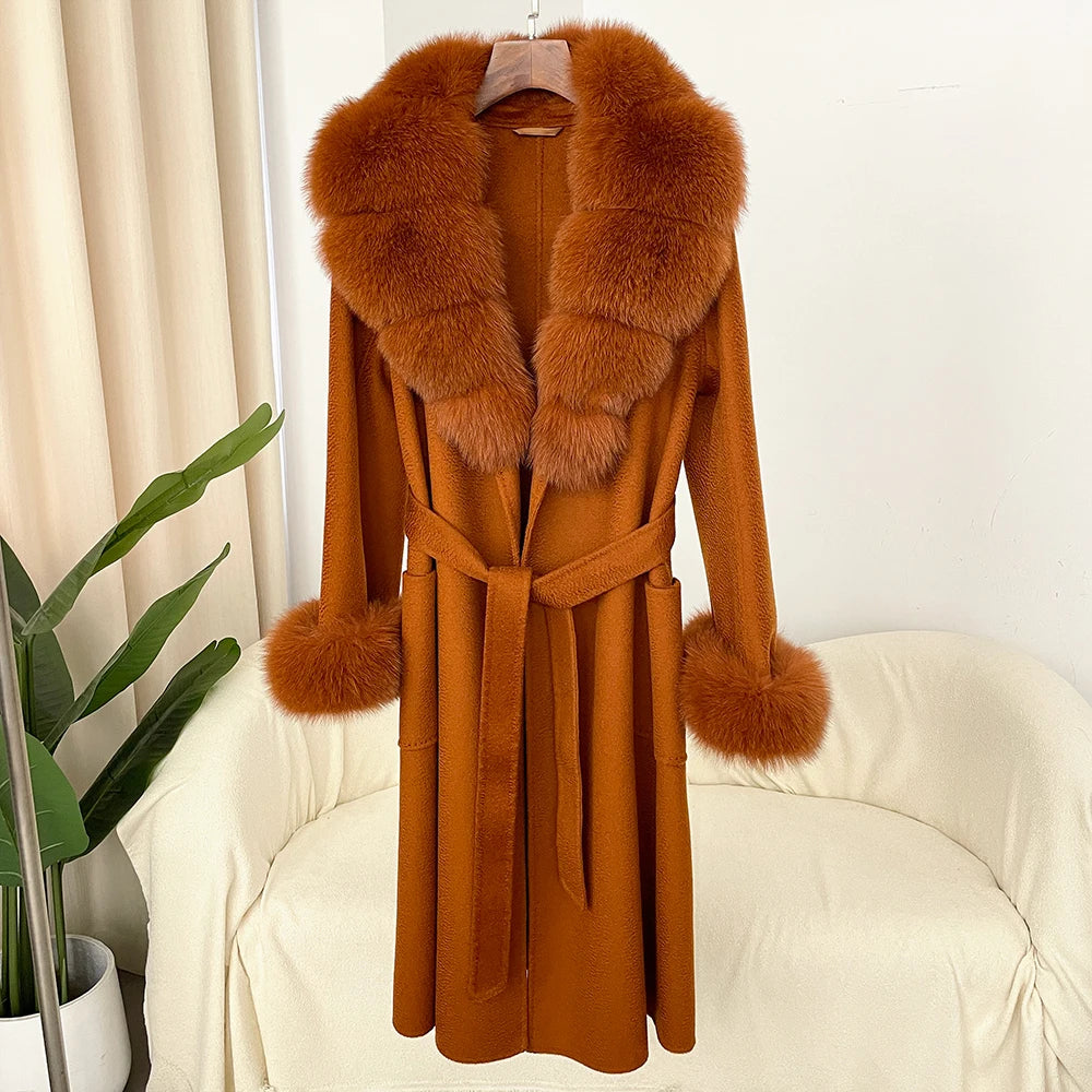 Fashion Women Winter Handmade Double Side 100% Woolen Red Color Real Fox Fur Collar Long Warm Female Wool Coat