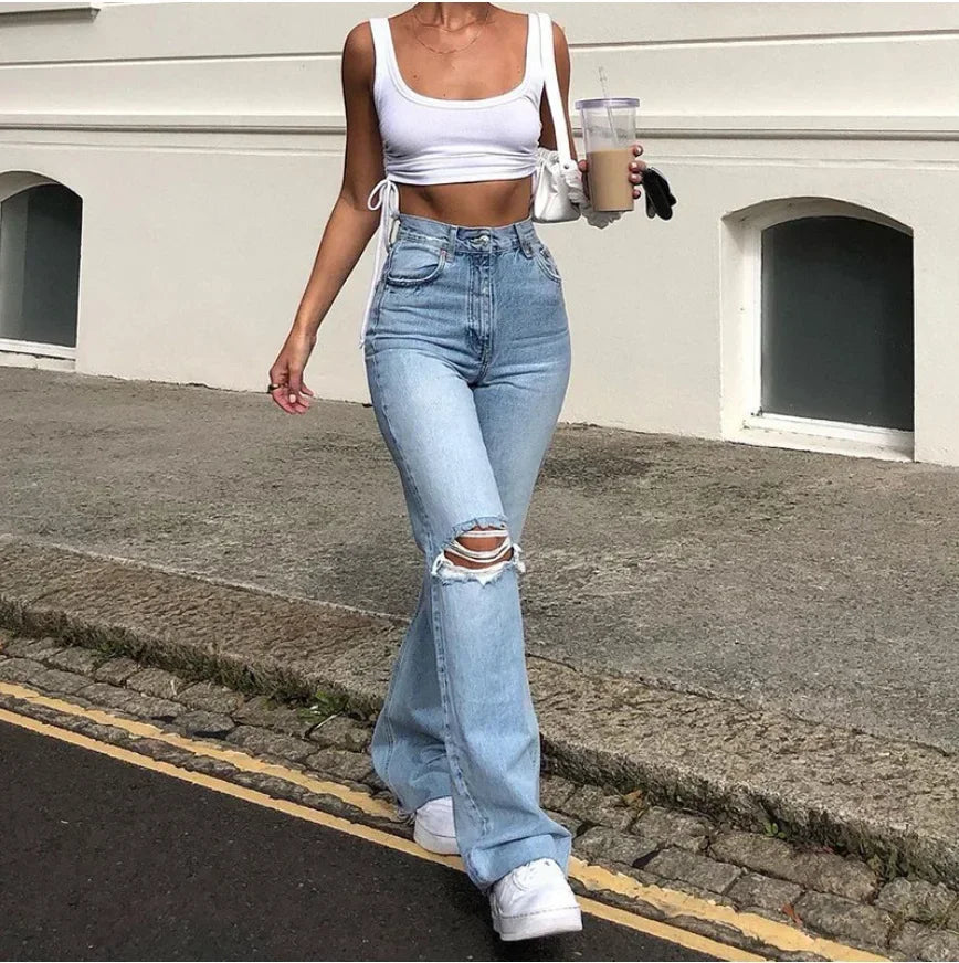 High-waisted Retro Stretch Women Pants Winter Edition New Style Ripped Bell Bottoms High Waist Straight Cylinder Wide Leg Jeans