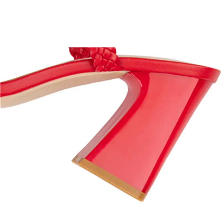 Fashion Weave Thick Heel Women's Slippers Square Toe Summer Casual Ladies Slides Red Orange Shoes Slip On Beach Sexy Pumps Woman