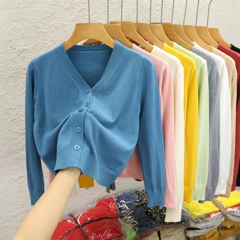 AOSSVIAO Korean Style V-neck Knitted Cardigan 2025 Autumn New Black Sweater Solid Color Long Sleeved Casual Tops