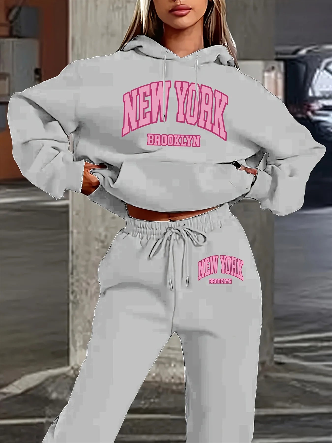 Women's Autumn/Winter Hoodie+Sports Pants Set for Street Casual New York Brooklyn Printed Fashion and Velvet Warm Clothing