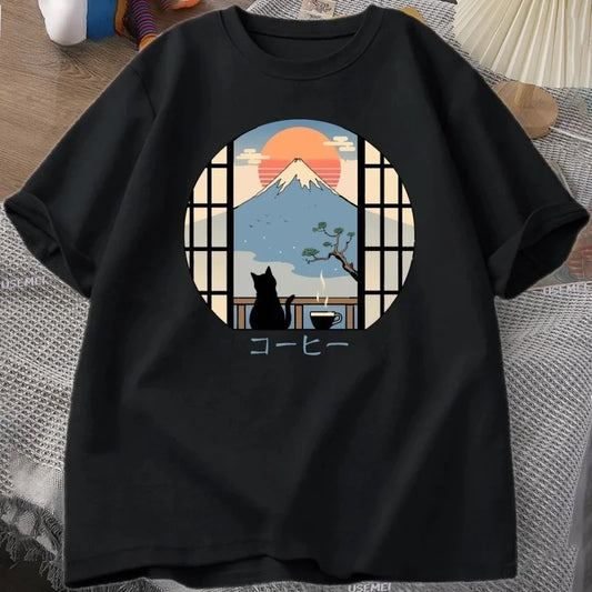 Fuji Mountain Cat Cafe T-shirt Women's Round Neck Short Sleeve T-shirt Japanese Style Printed T-shirt Loose Top Graphic T Shirts