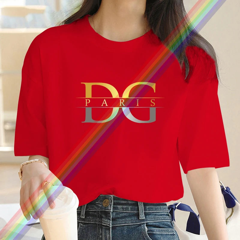 Luxury Brand Gold and Silver Gradient letter D Print Crew Neck Clothing Short Sleeve T-Shirt Trend Women's Summer Y2K Top