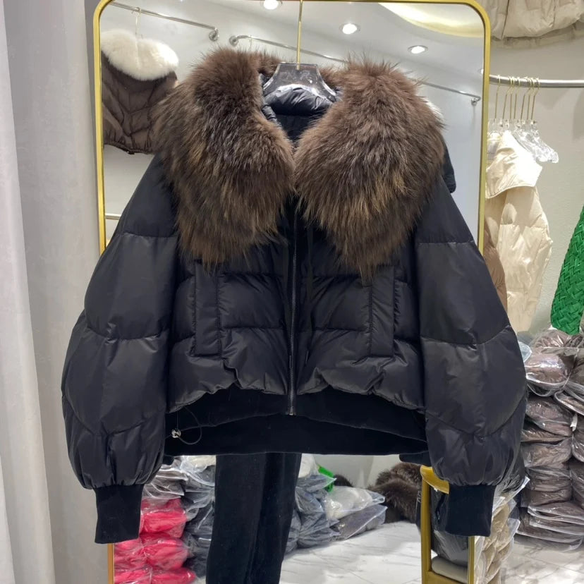 New 2023 Winter Puffer Jacket Women Thick Warm Short Parkas Real Natural Raccoon Fur Female Loose 90% White Duck Down Coat