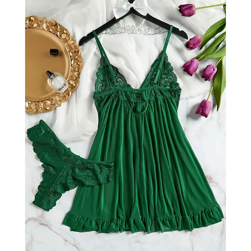 Soft Sheer Nighty Pajamas Hotselling Nightgowns Dark Green Halter Dress Women Sleepwear Sexy Bra Plus Size Nightdress Thong Sets