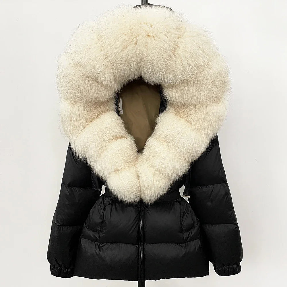 Reality Fur Coat Winter Clothing Puffer Jacket Women Real Fox Fur Hooded Warm 90% White Duck Down Coat Female Parkas Waterproof