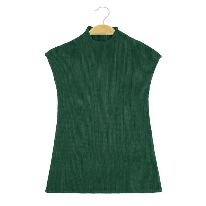 Miyake Versatile Classic Simple Solid Color Stand Up Collar Pleated Top Women Slim Slim Short Sleeve Miyake T-shirt Summer 2024
