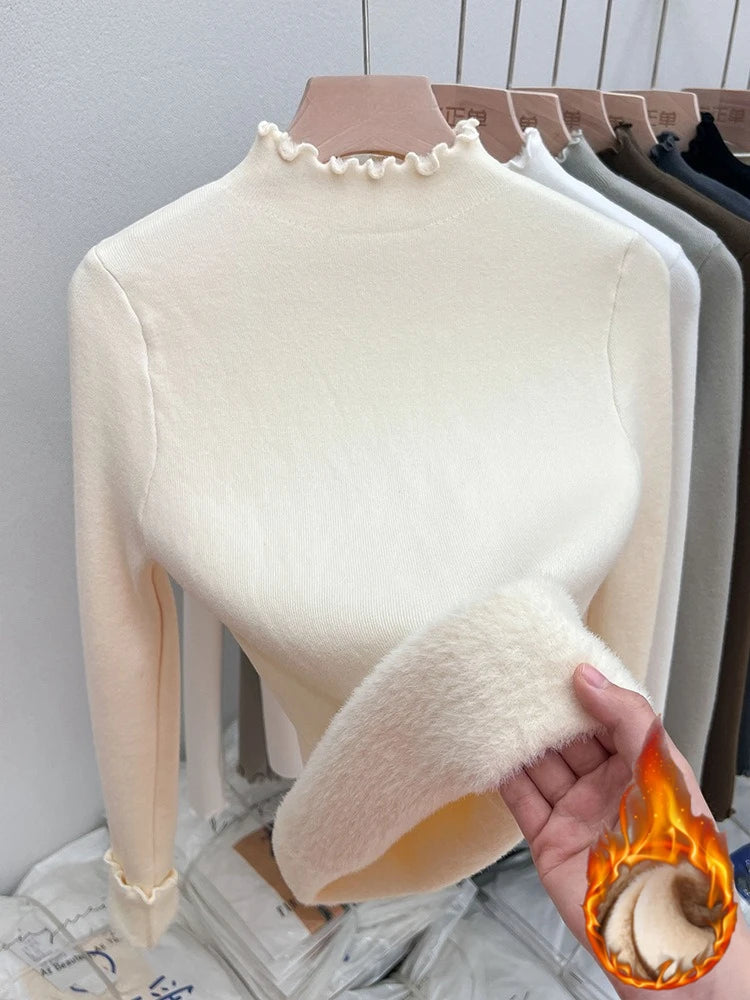 New Fleece Lined Thick Turtleneck Sweaters Women's Autumn Winter Slim Warm Ruched Knitted Tops Solid Color Casual Soft Pullover