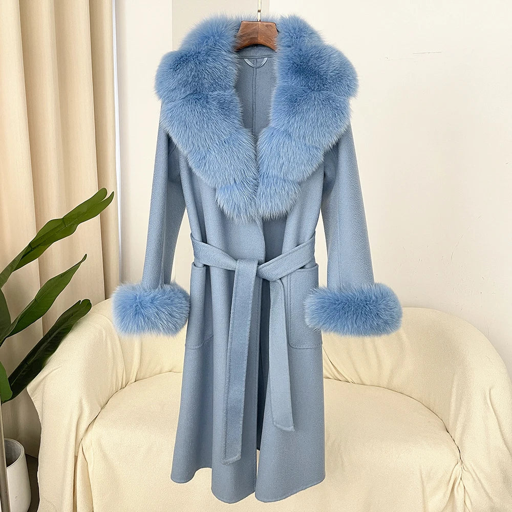 Fashion Women Winter Handmade Double Side 100% Woolen Red Color Real Fox Fur Collar Long Warm Female Wool Coat