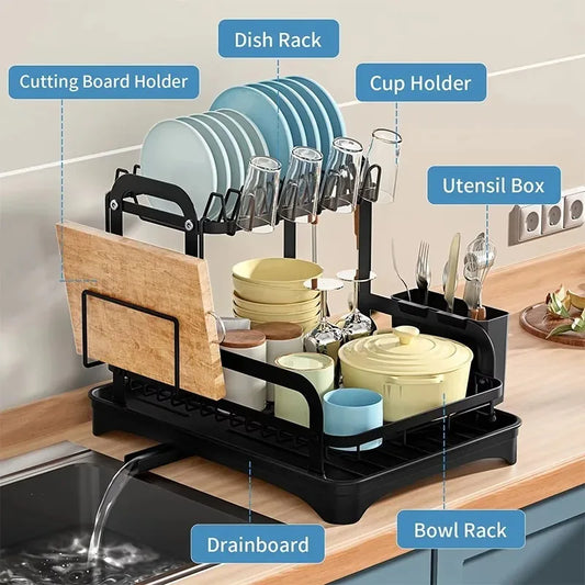 2 Tier Dish Bowl Drainer Storage Rack Kitchen Dish Drying Rack with Drain Basket Countertop Dinnerware Organizer Drainboard